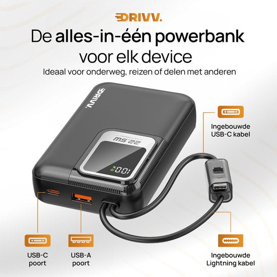 Drivv. Batterie externe 20 000 mAh - Avec câble 8 broches et USB-C intégré - Câble de recharge 60 W inclus - Fonction de recharge rapide 22,5 W - USB / USB-C - Kit d'urgence