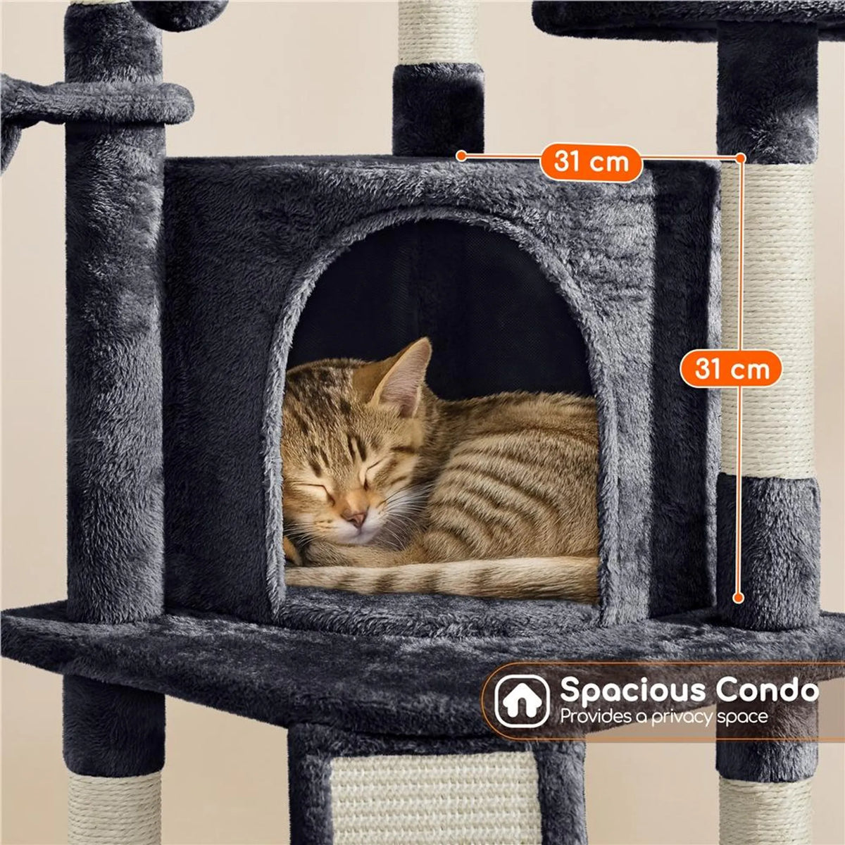 Yaheetech Cat Post With 5 Sisal Poles - Equipped With Padded Viewing Platform And Hammock And Cat Burrow - For 2 To 3 Small And Medium Cats - Dark Grey Plush And Metal - 43,5 x 43,5 x 106 cm