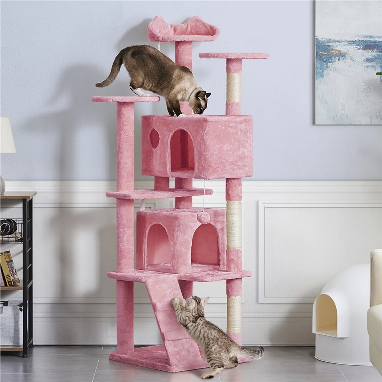 Yaheetech Cat Post XXL avec 3 plateformes d'observation - équipé de 2 maisons pour chats et de 3 griffoirs et d'un dispositif anti-fugue - pour les foyers avec plusieurs chats - peluche rose et sisal - 54 x 54 x 178 cm