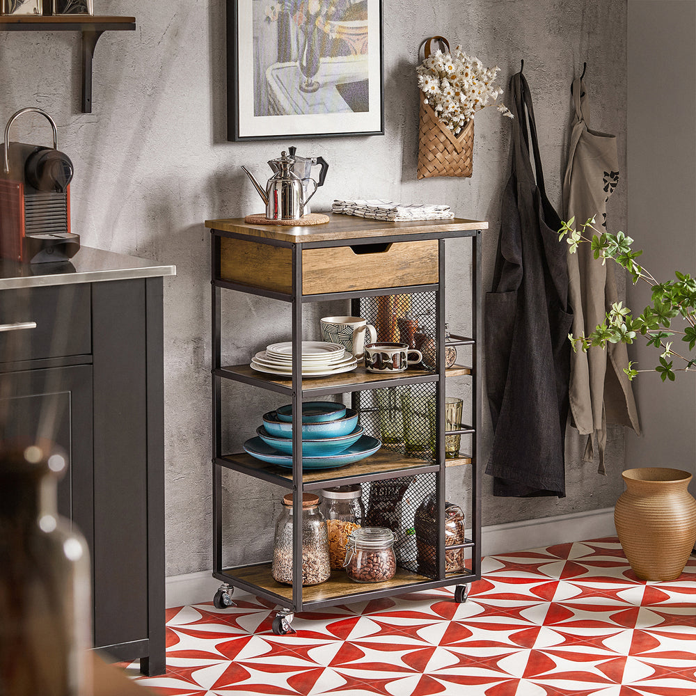 SoBuy FKW99-N Chariot de service - 6 étagères et 1 tiroir - 50x37x87 cm - Noir/Bois