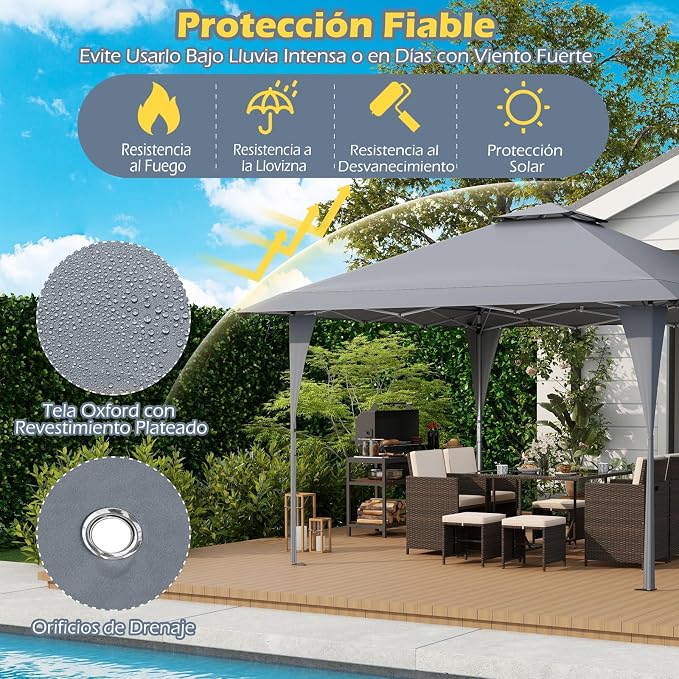 Tente de fête pliable Coast 3,95 × 3,95 m – Pavillon pop-up avec toit ventilé, 3 réglages de hauteur, protection UV et sac de transport – Gris