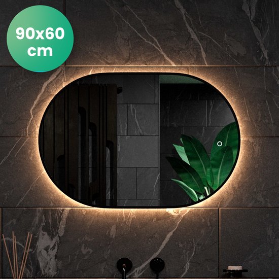 Miroir de salle de bain ovale - Mirlux - 90x60 cm - Eclairage et chauffage LED - anti-buée - Noir
