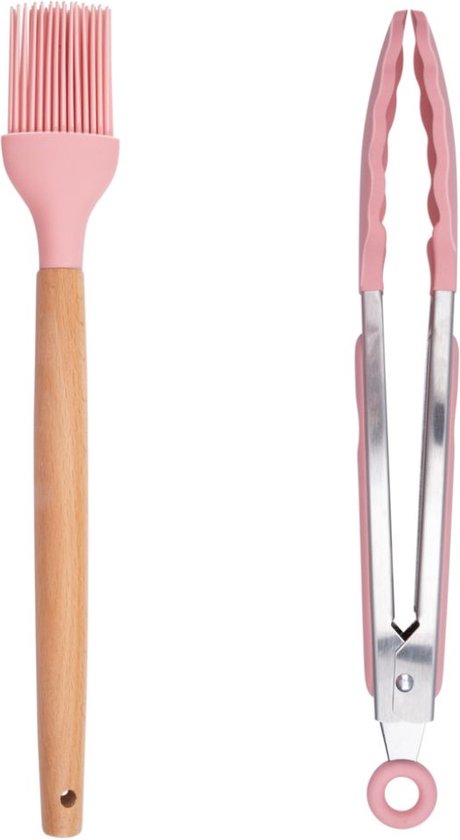 Ensemble d'ustensiles de cuisine Alpina avec support - 12 pièces - Ustensiles en silicone avec manche en bois - Rose