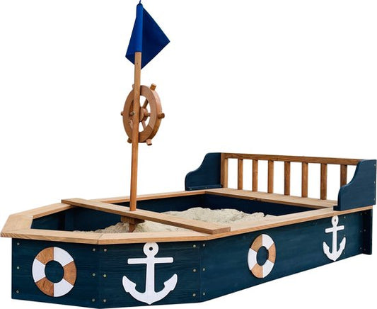 Bac à sable AXI Doris avec banc de rangement, anthracite/marron – Drapeau et barre à roue en bois – Bâche de protection et toile de sol incluses – Garantie de 10 ans !