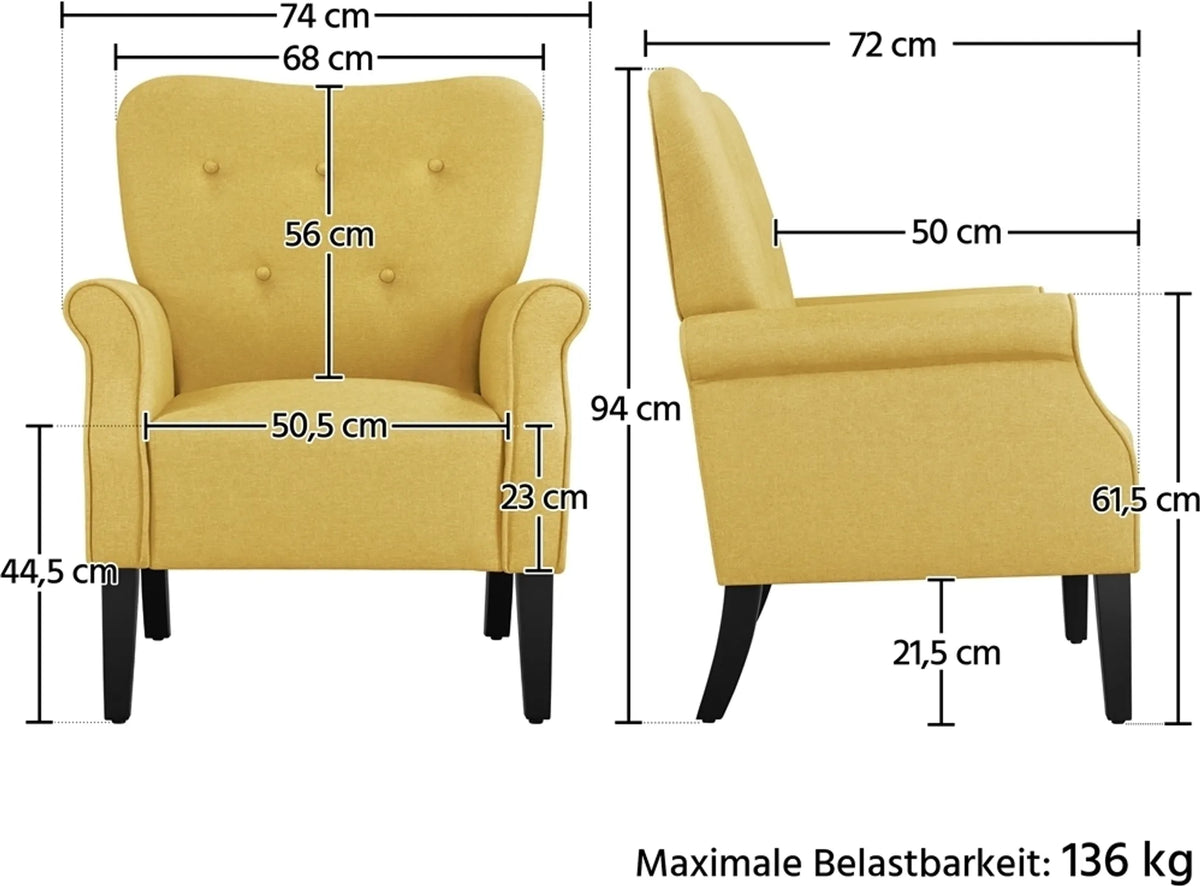 Fauteuil de salon Yaheetech avec pieds en bois - 74 x 72 x 94 cm - Jaune