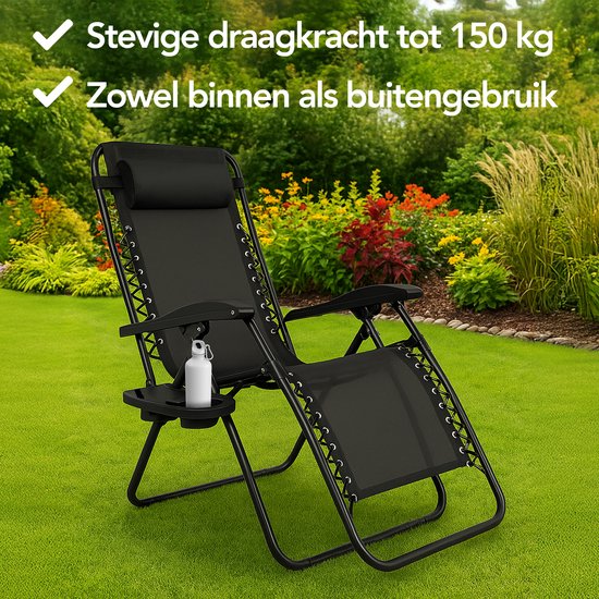 Lot de 2 chaises de jardin pliantes Brixy - Chaises longues - Pliantes - Réglables - Oreiller ergonomique - Métal - Textiline - Noir