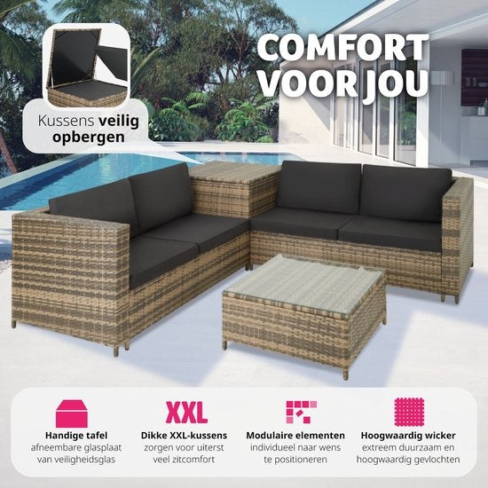 Tectake - Salon en osier Siena (4 personnes) - Modulaire, coffre de rangement, coussins extra épais, résistant aux UV et aux intempéries, structure en acier - Nature/Gris foncé