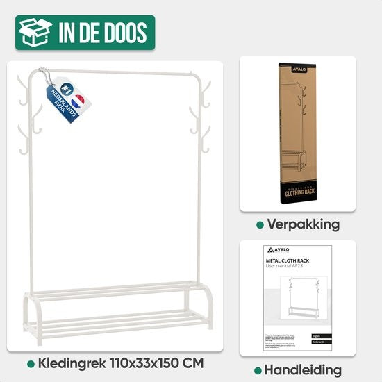 Portant à vêtements - Avalo - Métal - 110x33x150 CM - Dressing / Vestiaire de chambre - Rangement pour chaussures - Blanc
