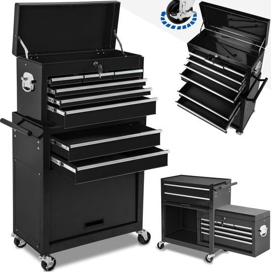 tectake® Chariot d'atelier avec support de valise - Chariot à outils verrouillable avec 10 compartiments - Établi mobile en acier - Roues avec frein - Chariot à outils vide, armoire à outils - Noir