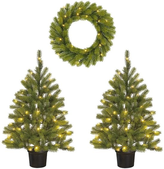 Ensemble « Black Box Trees Nagoya » : sapin et couronne de Noël - 2 sapins de Noël artificiels et 1 couronne avec éclairage LED - H 90 x Ø 45 cm - Vert