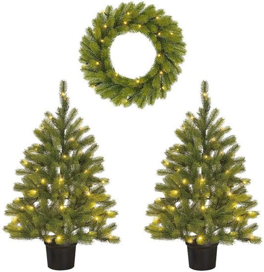 Ensemble « Black Box Trees Nagoya » : sapin et couronne de Noël - 2 sapins de Noël artificiels et 1 couronne avec éclairage LED - H 90 x Ø 45 cm - Vert