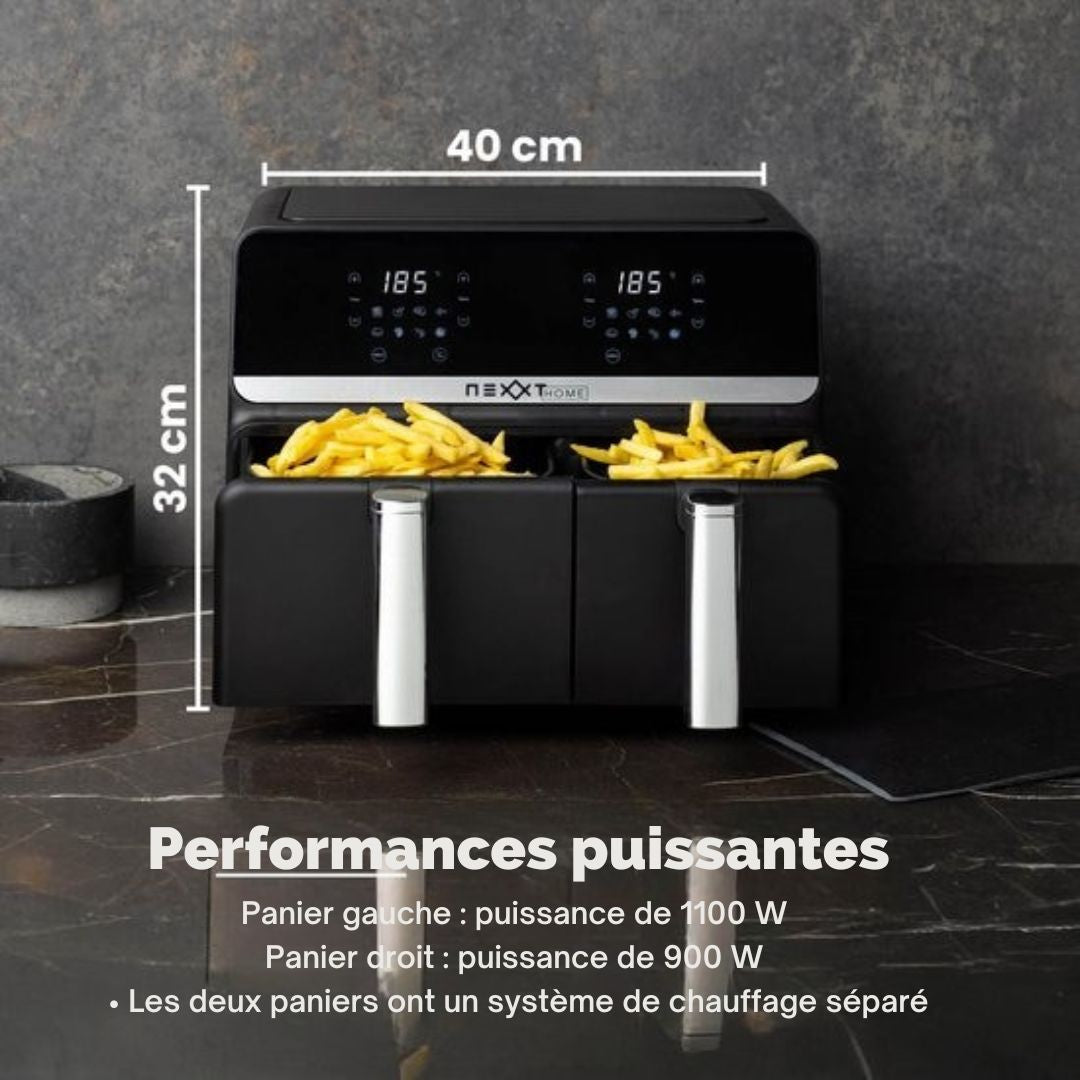 Double Airfryer XXL Nexxt Digital - Friteuse à air chaud avec écran tactile - Capacité 5,5 + 3,5 litres - 8 programmes de cuisson - Noir