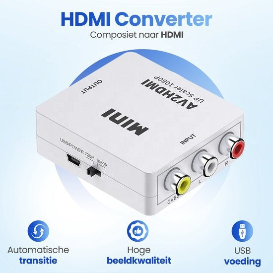 Garpex® Adaptateur AV vers HDMI - Convertisseur RCA vers HDMI - AV vers HDMI - Commutateur HDMI - 1080P Full HD - câble d'alimentation USB inclus