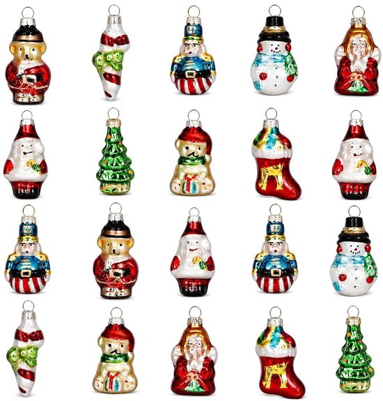 Mica Decorations - Lot de 20 boules de Noël - Décorations de Noël pour le sapin - Ornements de Noël en verre représentant des personnages classiques de Noël - Boules de Noël de 3,5 cm - Vert