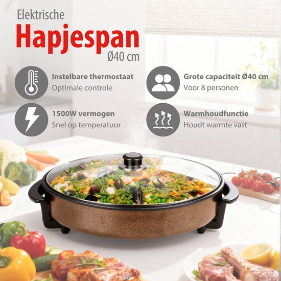 Poêle à frire Alpina - Poêle de fête avec couvercle et thermostat - Revêtement antiadhésif pour la cuisson et le maintien au chaud - Poêle à frire électrique de 1 500 W avec couvercle en verre - Poignées « Cooltouch » - Ø 40 cm