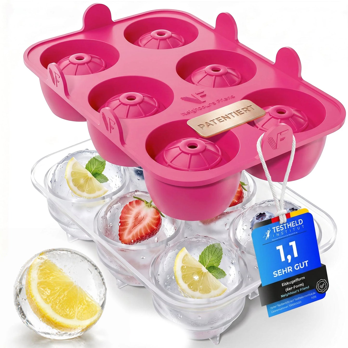 Lot de 2 moules à glaçons Eiskugelform XXL roses brevetés par Neighbour's Friend – Grands moules à glaçons ronds en silicone platine