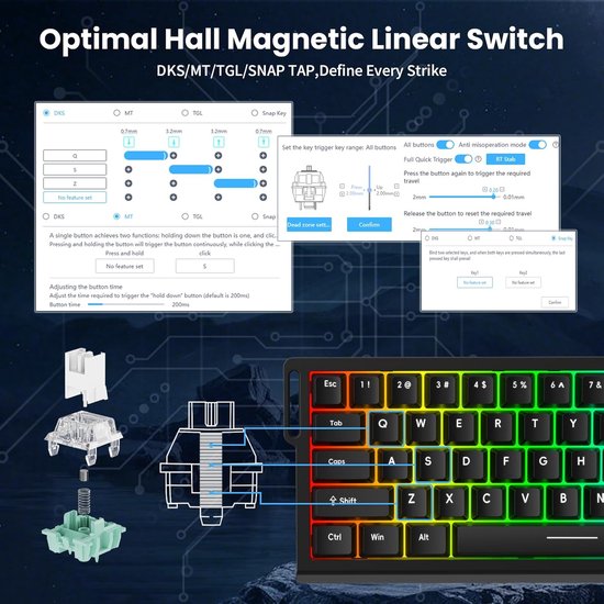 ATTACK SHARK X68HE - Clavier gaming filaire à commutateurs magnétiques - 66 touches - Touches PBT imprimées sur le côté - RGB - Lanière décorative - 8 kHz - 0,01 mm RT - 0,125 ms - Moonlit Night