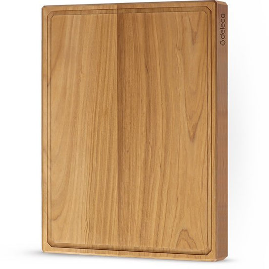 Deleca Planche à découper en teck - Double face avec tranchée à jus / poignées - Grande et épaisse planche à découper en teck - Pour la cuisine, planches à découper durables, planche de service, planche à fromage, planche à boissons, planche à tapas - San