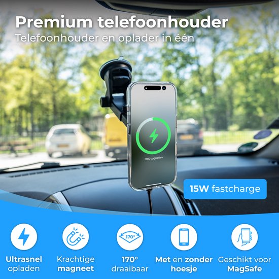 Supports de téléphone Nuvance pour voiture - Support de téléphone à ventouse - Compatible MagSafe - Câble USB-C inclus - Chargeur sans fil - Support de téléphone portable pour voiture