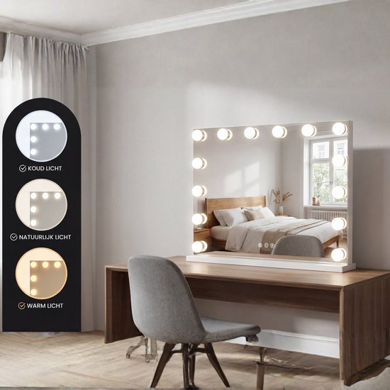 Bayt Hollywood Mirror with Lighting - Miroir de maquillage avec éclairage - Miroir avec éclairage - Dimmable - Grossissement 10x - 50x40cm - Blanc