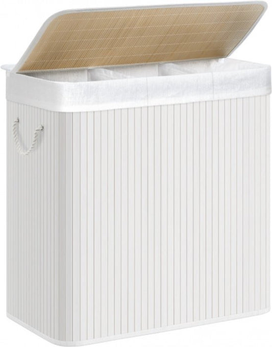 SONGMICS - Panier à linge 150 litres - 3 compartiments de tri - 60 x 40 x 61,5 - bambou et tissu - blanc LCB091W01