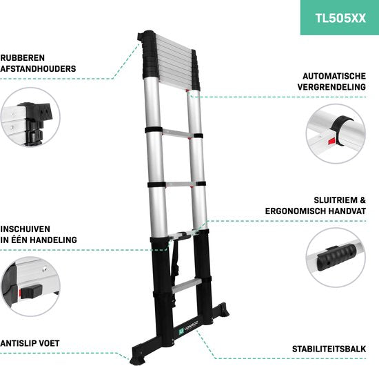 Échelle télescopique VONROC PRO - 3,80 mètres - conforme aux normes de sécurité de l'UE et des Pays-Bas - fermeture en douceur - supports muraux et barre transversale intégrés pour une meilleure prise en main et une plus grande sécurité