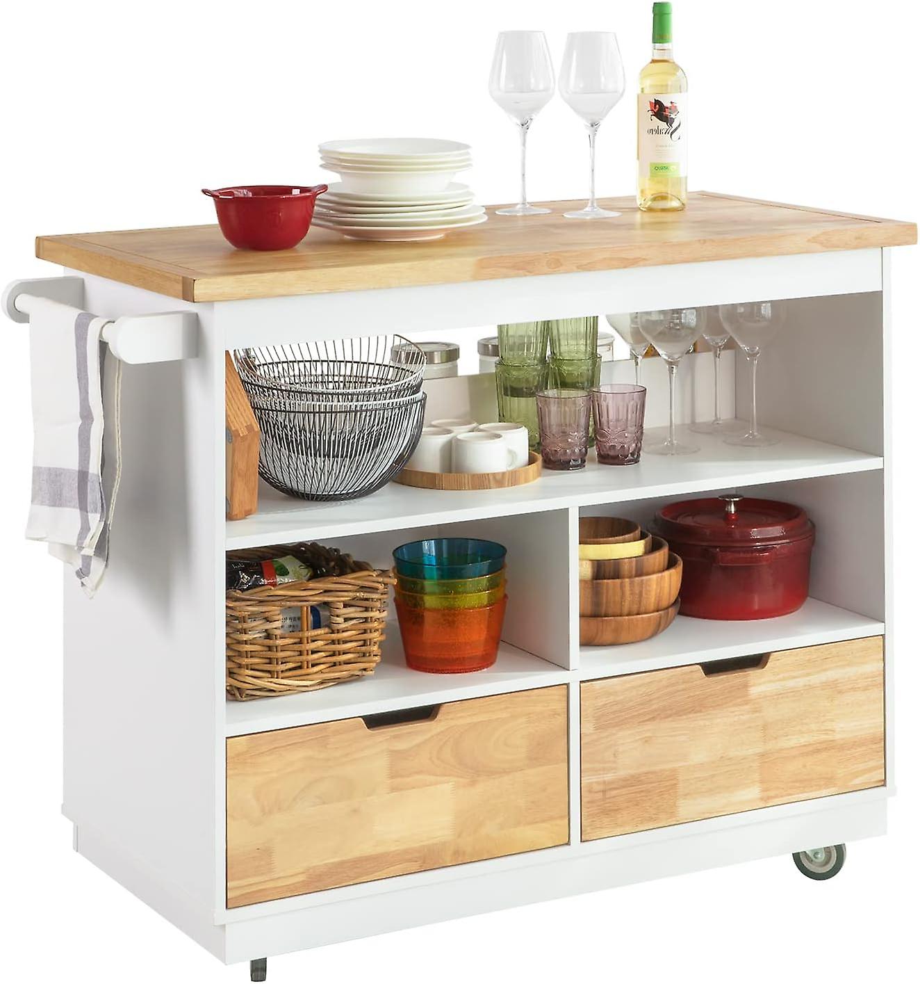 SoBuy Ilot de cuisine sur roulettes - 55x110x91 cm - Max. 75KG - Blanc/Bois