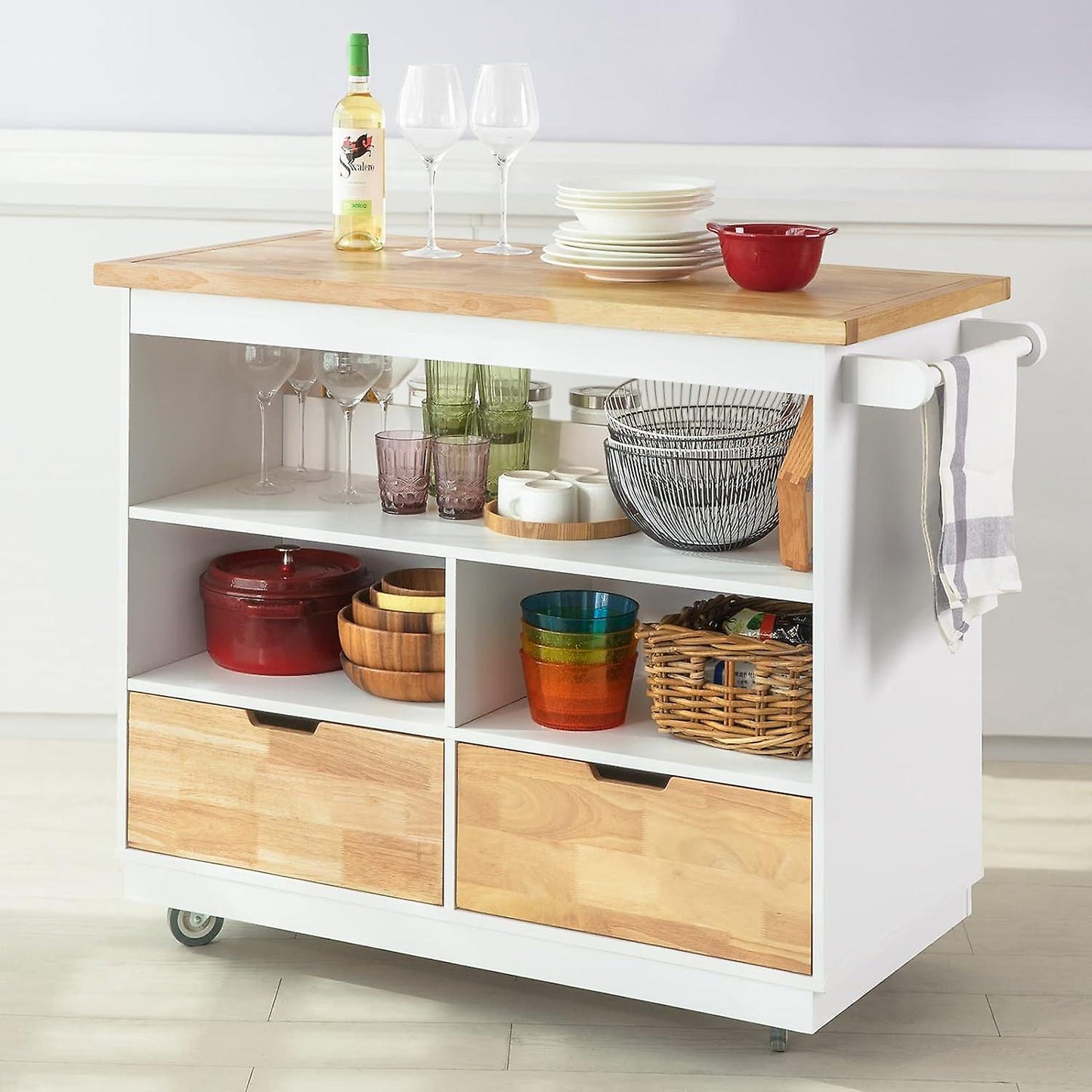 SoBuy Ilot de cuisine sur roulettes - 55x110x91 cm - Max. 75KG - Blanc/Bois