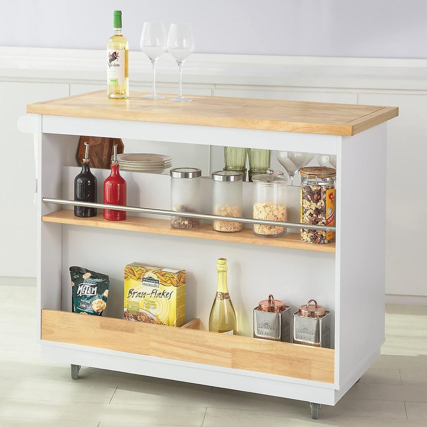 SoBuy Ilot de cuisine sur roulettes - 55x110x91 cm - Max. 75KG - Blanc/Bois