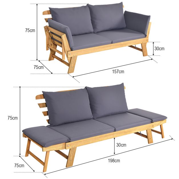 Coast Garden Bench - Canapé-lit - Coussins inclus - Max. 320 kg - 198 x 75 x 75 cm - Bois + Gris