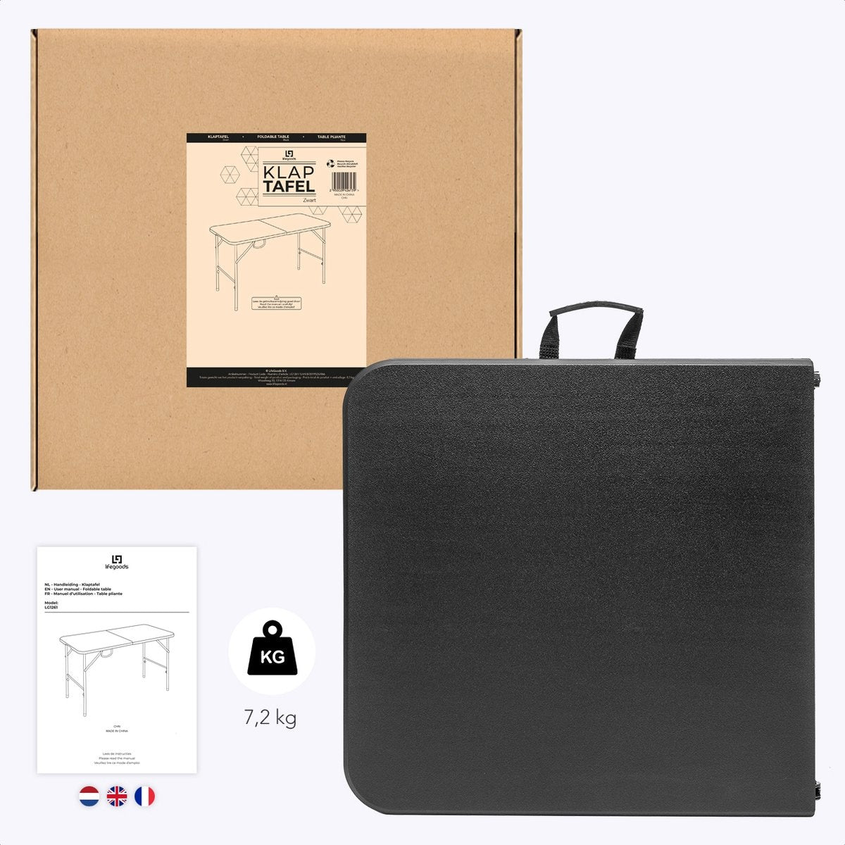 Table pliante - LifeGoods - 60x120cm - Table de camping - Résistante aux intempéries - Table pliante - Noir