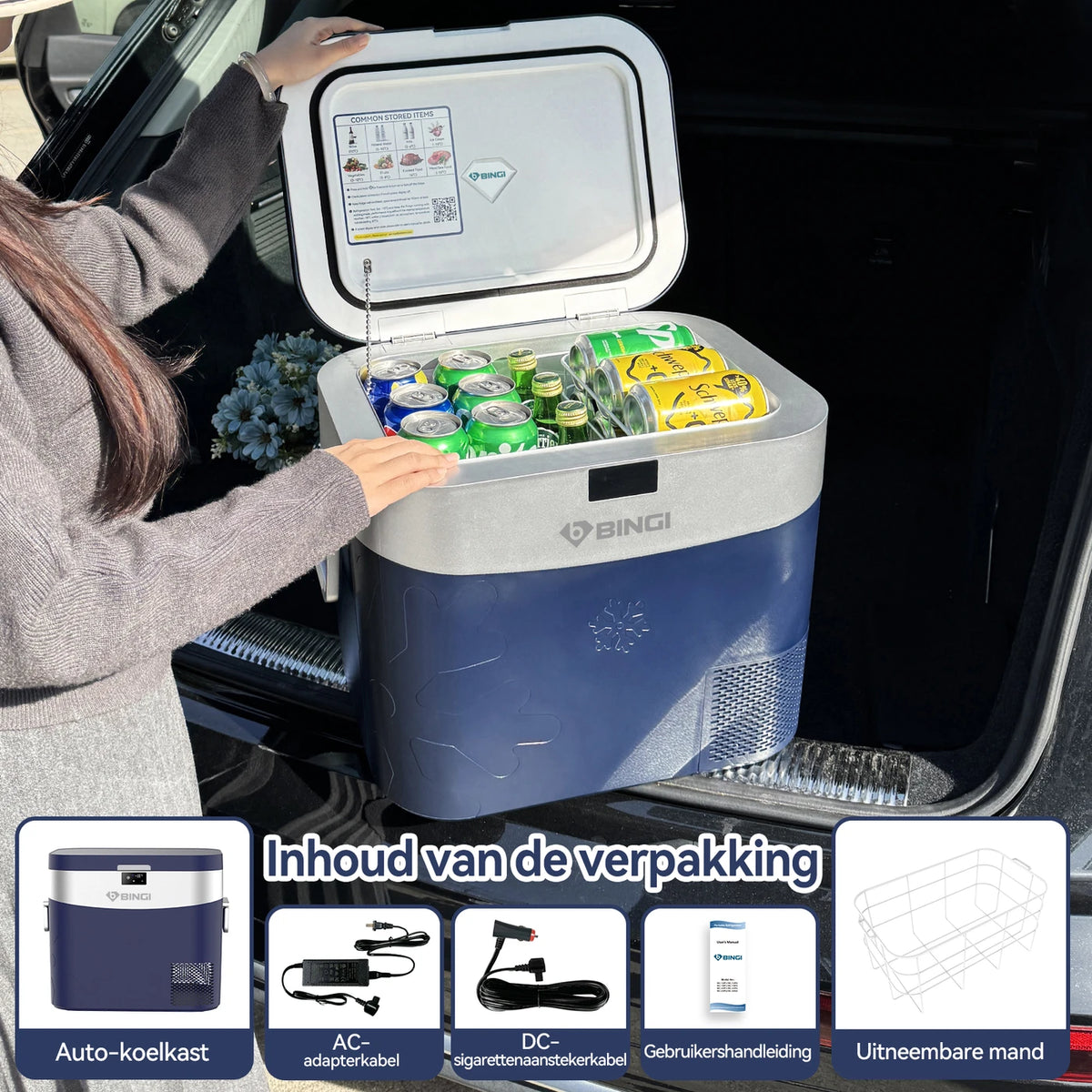 Glacière portable à compresseur BINGI 22 L – 12/24 V CC – Refroidissement rapide – Camping-car, camion et camping – Bleu