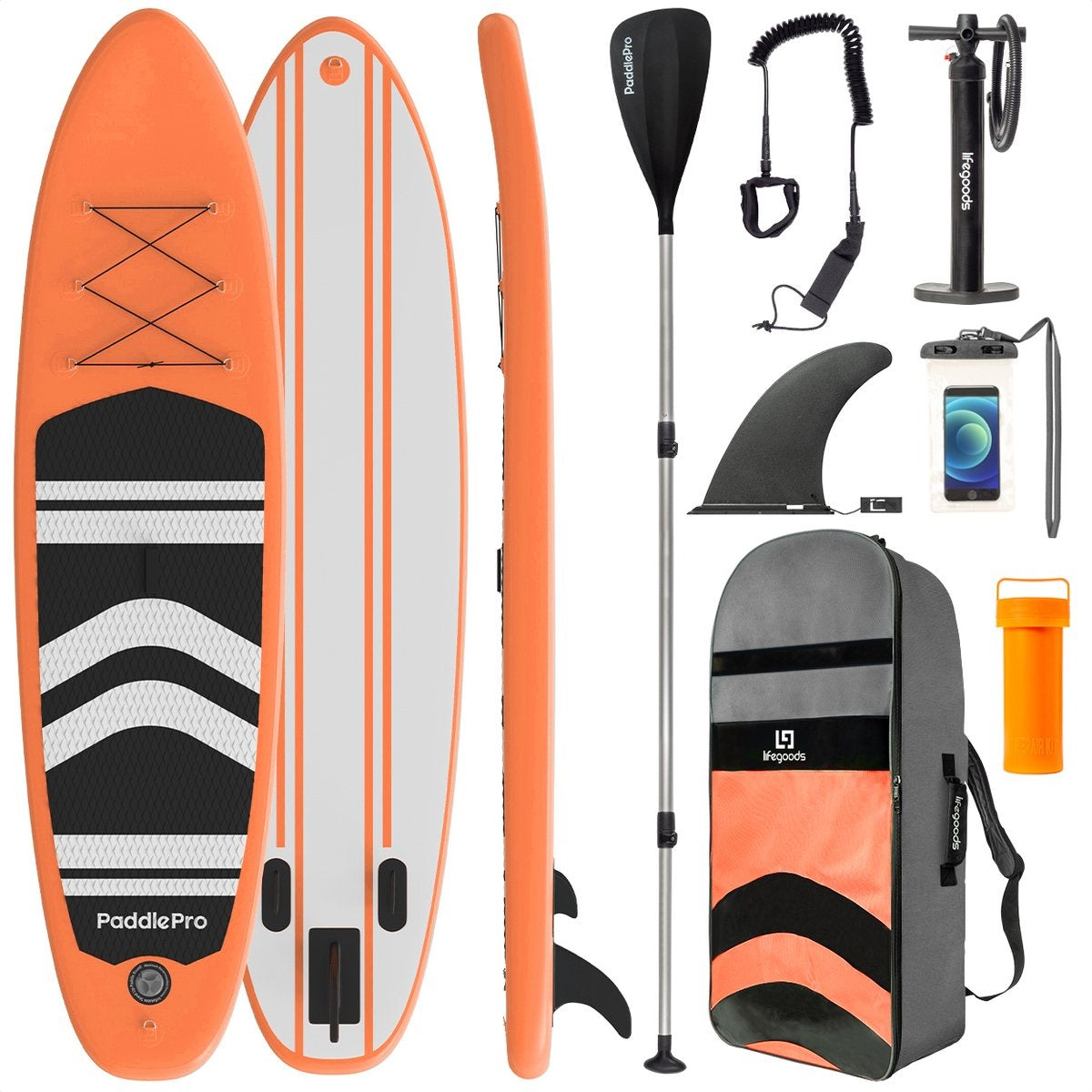 LifeGoods - SUP Board & Inflatable Paddle Board - 320x81 cm - Orange PVC - Stable et polyvalent - Kit complet - Poids maximum 135 kg