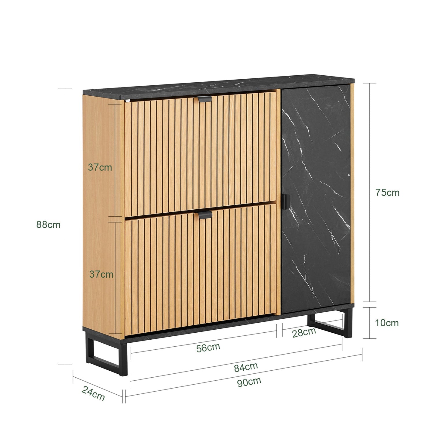 SoBuy FSR203-N Meuble à chaussures pour entrée étroite, 2 abattants et porte latérale, design scandinave, compact, noir et bois clair, 90 x 24 x 88 cm