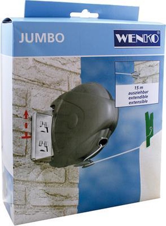 WENKO Ligne à linge Jumbo 15 mètres - Ligne à linge - Ligne à linge enroulable - Fil à linge à enroulement automatique