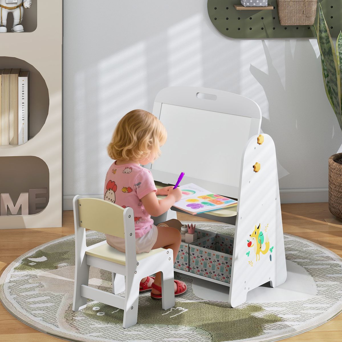 Ensemble de table et chaise pour enfant Coast - Conception 4-en-1 - Étagère à livres et espace de rangement - Couleur naturelle