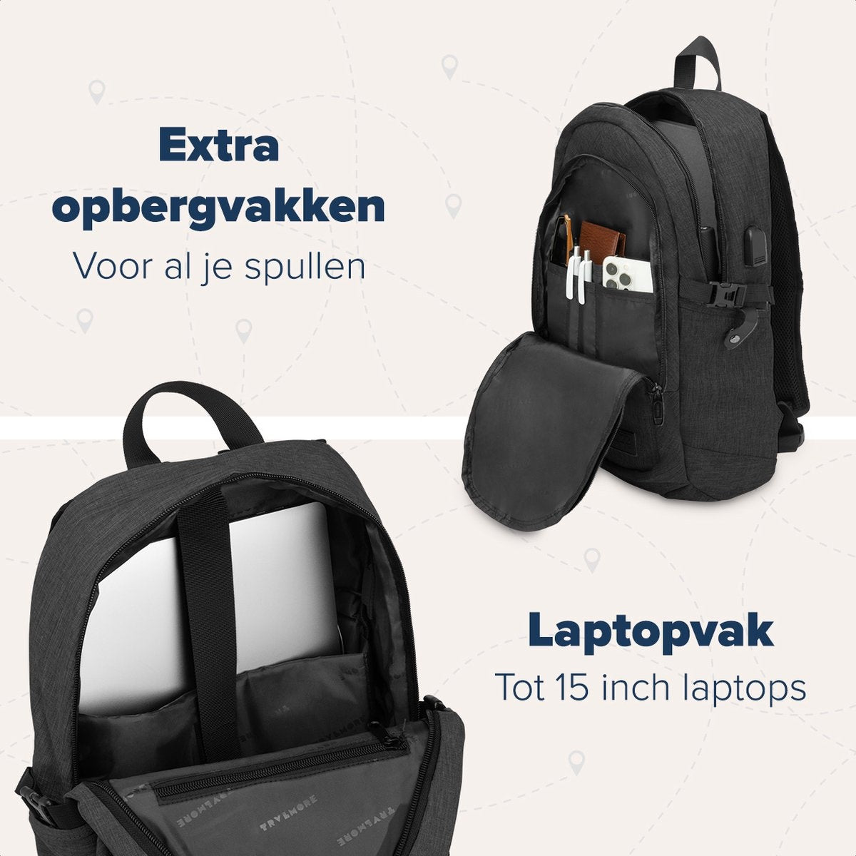 TRVLMORE Sac à dos - 25L - 15.6 inch - Sac à dos pour ordinateur portable - Sac d'école - Unisex - Splashproof Anthracite