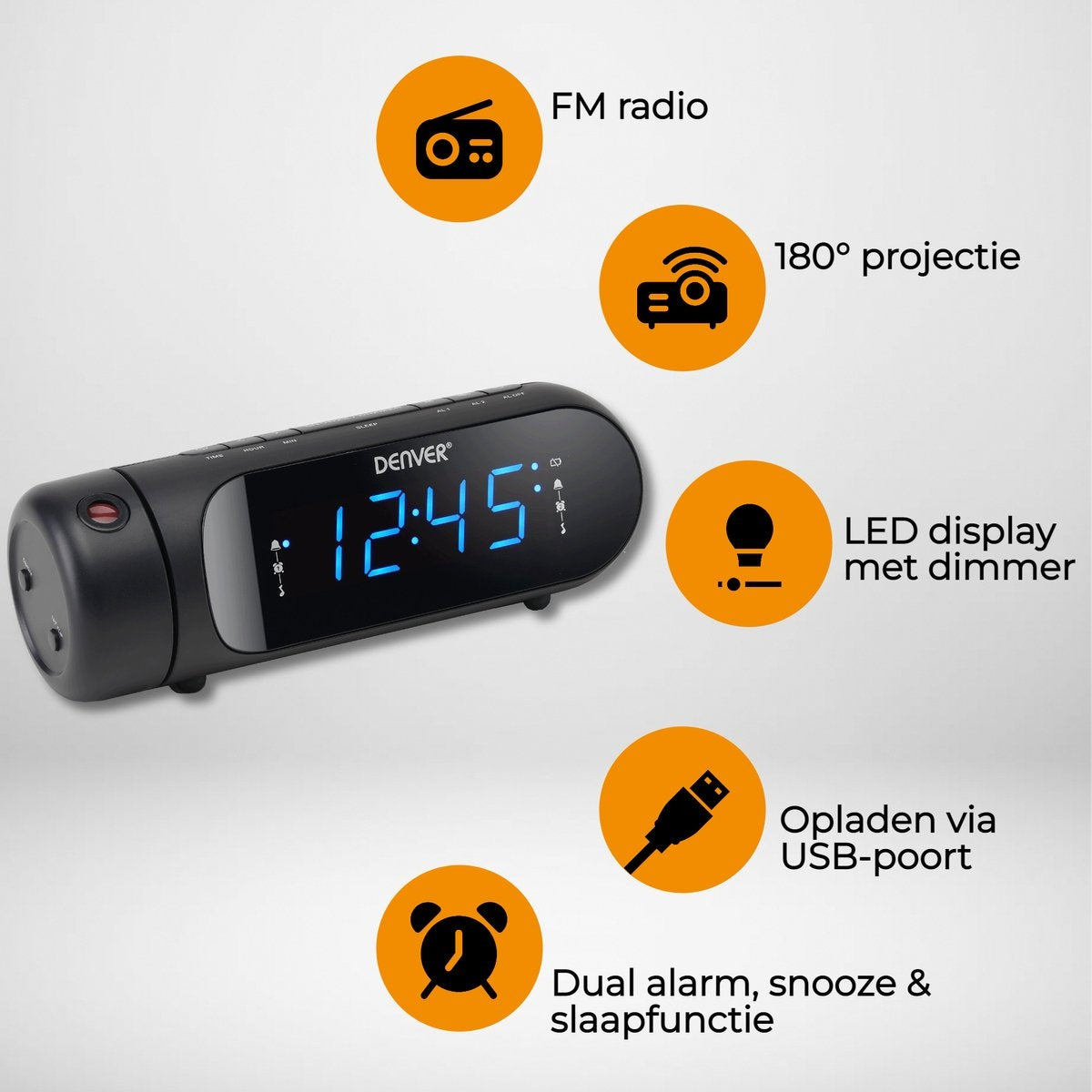 Radio-réveil numérique Denver  avec projection - Chargement USB - Radio FM - Double alarme - Noir