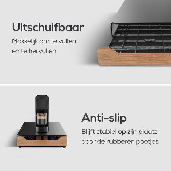 KitchenLove Porte-capsules Nespresso - Porte-tasses - Avec tiroir - Pour tasses à café - 60 tasses - Noir avec bois de bambou