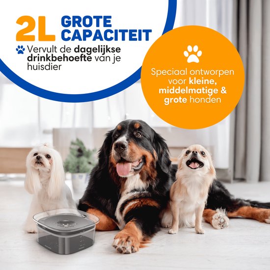 Vulpes Goods® Drinking Bowl Dog - Bol à eau pour chiens - Anti-renversement - Réduit la bave - Transparent - En déplacement - 2L - Noir