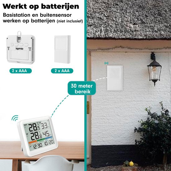 Station météo sans fil Iqonic - Intérieur et extérieur - Alimentation par piles - Humidimètre - Avec capteur extérieur - Blanc