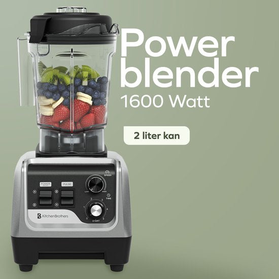 KitchenBrothers Power Blender - 1600W - 2L - Smoothie Maker - Ice Crusher - Gris Métallique