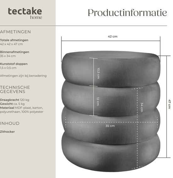 tectake® Tabouret avec rangement - Tabouret scandinave en tissu velours - Tabouret rond rembourré pour coiffeuse, chambre, salon ou comme meuble d'entrée - Tabouret de rangement - gris