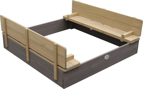 Bac à sable en bois AXI Ella XL, gris/marron - Avec bancs et couvercle - Bois certifié FSC - 120 x 120 x 20 cm - Bac à sable pour enfants
