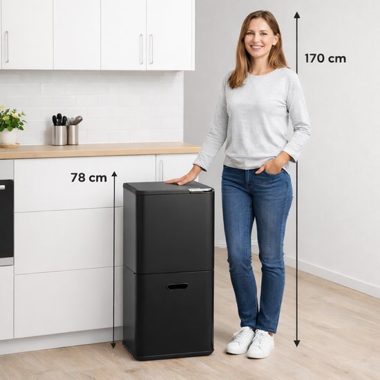 Bayt Trash Can 60 Liter - Poubelle 60 litres - Séparation des déchets - 2 compartiments - Acier inoxydable - Noir