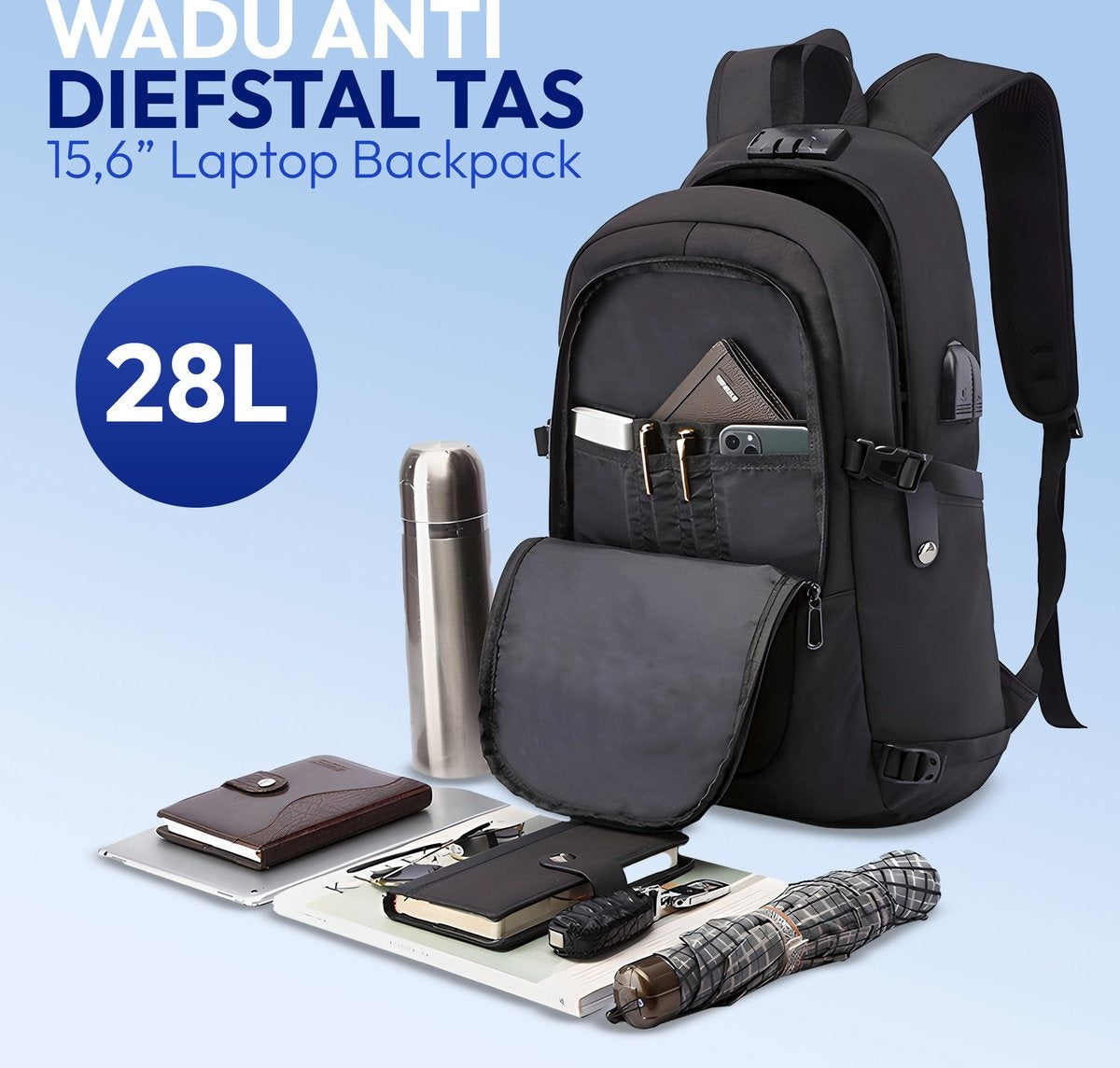 Sac à dos pour ordinateur portable - Cartable - Sac à dos - Sacoche pour ordinateur portable - Station de recharge USB - Tissu hydrofuge - 35 à 39cm - Noir