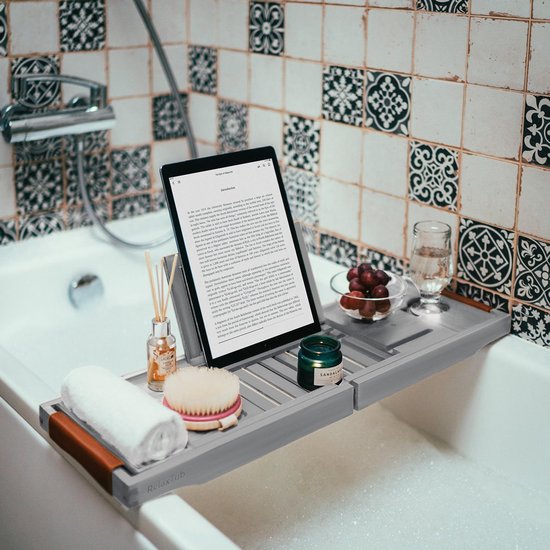 RelaxTub® Bathboard - Planche de bain pour la baignoire - Support de bain - Réglable - Antidérapant - Planche de bain grise - Planche de bain en bois - Support de bain avec porte-livre, porte-tablette et miroir
