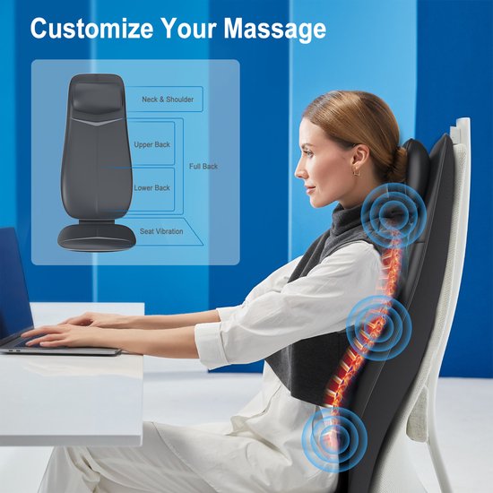 Coussin de massage shiatsu RENPHO - Massage complet du dos et de la nuque - Avec chaleur et vibrations - Zones et intensité réglables - Reconnaissance automatique de la hauteur - Convient à toute chaise - Idéal pour la maison ou le bureau
