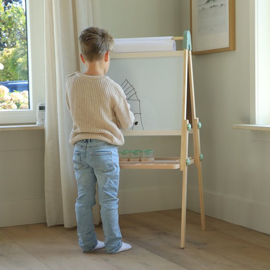 Sunny Luna Activités – Chevalet réglable en bois pour enfants – Chevalet de jeu avec tableau blanc et ardoise – Tableau magnétique – Rouleau de papier, gobelets et accessoires inclus – Jouet éducatif