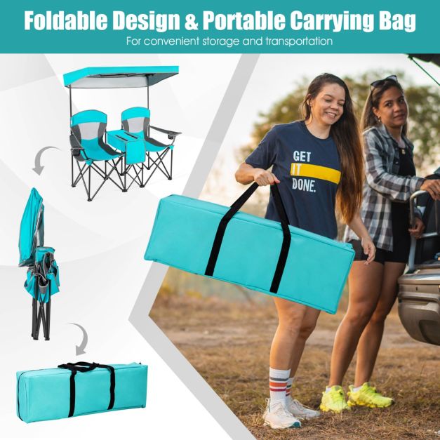 Chaise de camping de luxe pour 2 personnes avec auvent réglable, glacière et sac de transport - idéale pour les activités de plein air